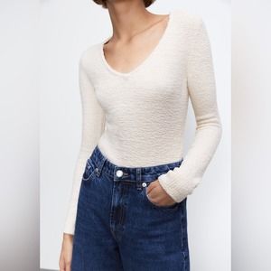 Zara Cream Textured Knit Sweater Long Sleeve Bodysuit Size Medium